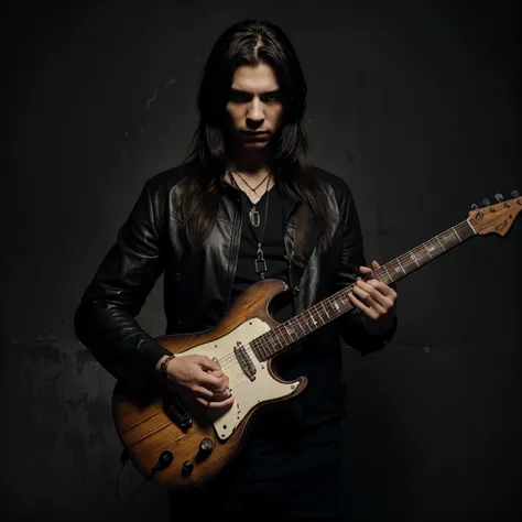 Create a realistic dark style photo of Russian singer Renato holding his guitar by his arm 