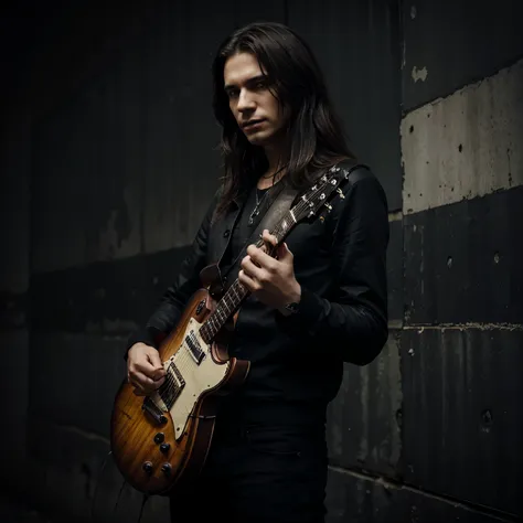 Create a realistic dark style photo of Russian singer Renato holding his guitar by his arm 