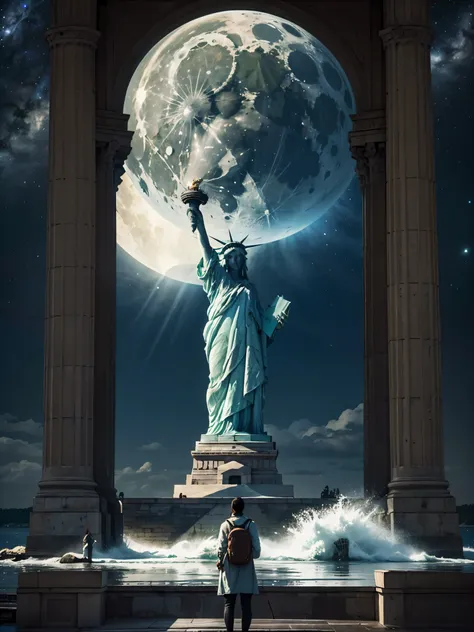 a colossal bottle which contained a majectic lake and lady-liberty,  very high quality and very detailed scene , octane render, ...