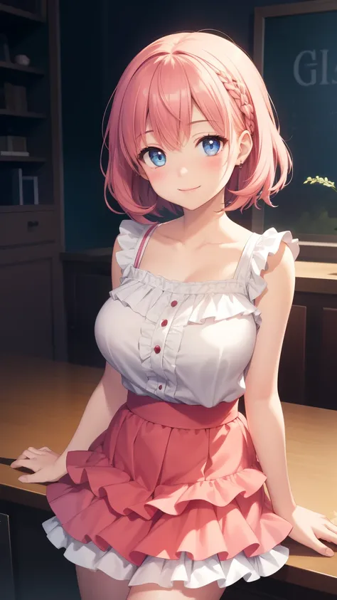 1girl, natural lighting, masterpiece, highly detailed, illustration, game CG, absurdres, high quality, aichan, large breasts, beautiful detailed eyes, short pink hair, fluffy hair, light smile, frilly sleeveless top, collarbone, frilly miniskirt, layered s...