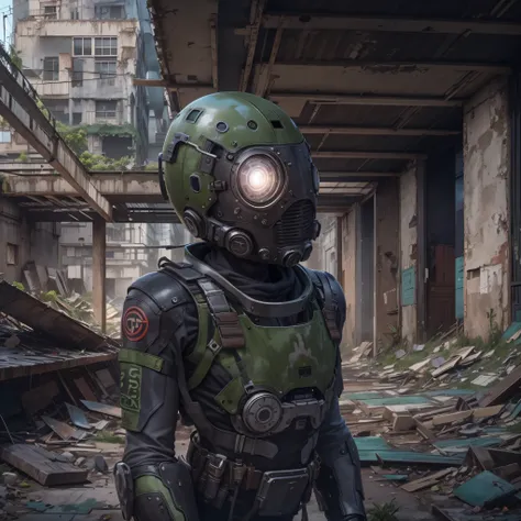 A rogue android camouflaged within an abandoned urban landscape, its eyes glowing faintly