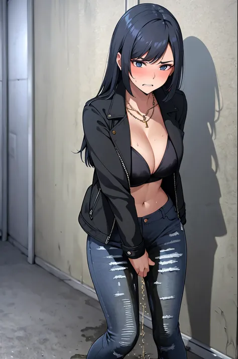 A woman with very long black hair and (very long bangs:1.5), wearing a (stylish long jacket:1.5) and tight jeans, (low-rise jeans:1.25), (low-cut jeans:1.25), standing. The artwork is inspired by manga and incorporates a doujin style. The woman appears to ...