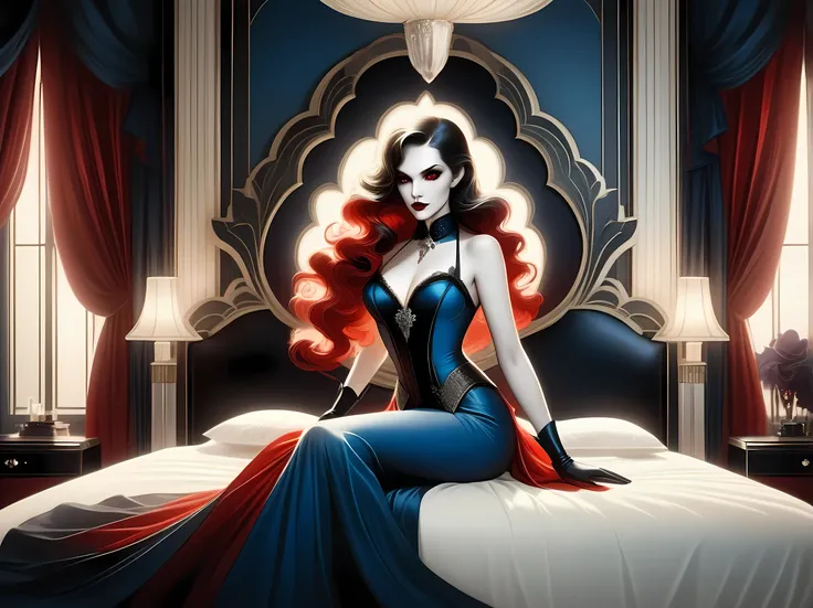 fantasy art deco (art deco: 1.5) A (black and white: 1.5) glamours (vampire: 1.5) model shot, RAW, award winning, of an exquisite beautiful 1solo female vampire, ultra feminine, full body, busty woman, most beautiful face, long  hair, wavy hair, pale skin,...