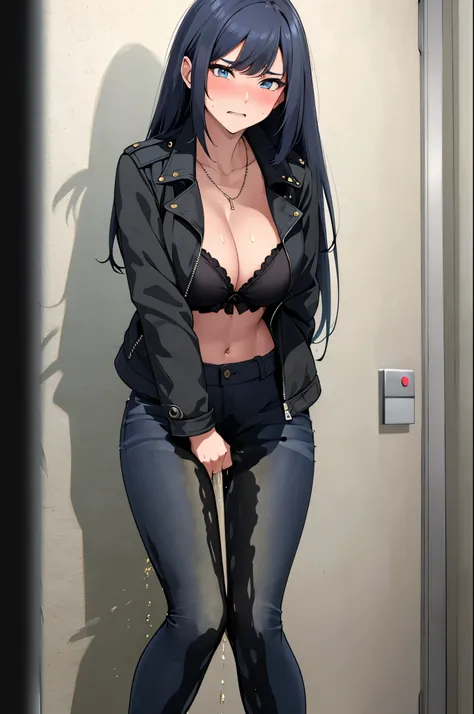 A woman with very long black hair and (very long bangs:1.5), wearing a (stylish long jacket:1.5) and tight jeans, (low-rise jeans:1.25), (low-cut jeans:1.25), standing. The artwork is inspired by manga and incorporates a doujin style. The woman appears to ...