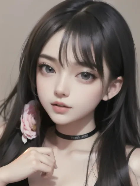 ((best quality)), ((masterpiece)), (detailed), perfect face. Black hair. Anime girl. Ulzzang. Asian girl. Black eyes. Small breast. Nipple. Tanktop.