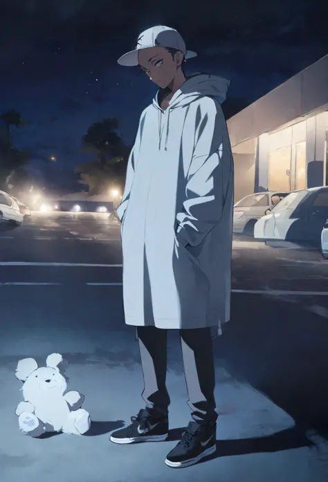 An Araf man stands on the sidewalk in a parking lot., ก็Dress casually, Dress casually, full Body shot!!, fresh teddy, sit down casually, sit down, night, cold, Children, Cinestills!!, B&There are photos., slightly minimal, fullBody shot, handsome man, Ken...