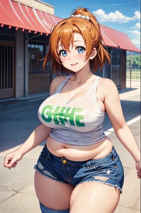 Anime illustration、highest quality、A short and plump high school girl、first round、Sporty tube top、hot pants、Dog park、Perfect proportions、overwhelmingly big breasts、Beautiful, shining eyes、Blushed、smile、Cowboy Shot、Dangerous Beast, kousaka honoka, blue eyes...