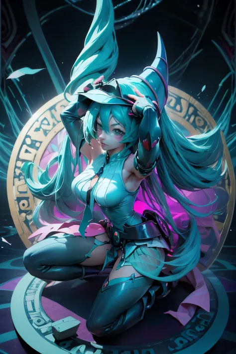 hatsune miku disfrazada de dark magician gils. ojos azules. cabello celeste y extra largo. pose sensual y seductora. toma cuerpo...