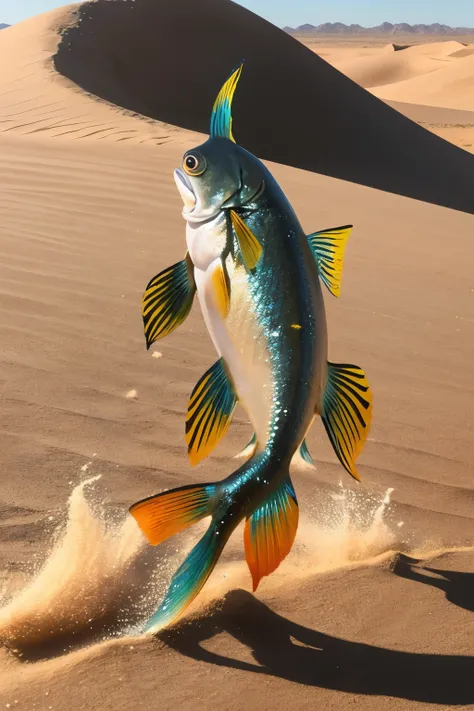 side view looking at camera. Giant metallic fish ((jumping up)) out of the desert sand with a huge explosion of sand all around it ((best quality)), ((masterpiece)), (detailed), perfect face