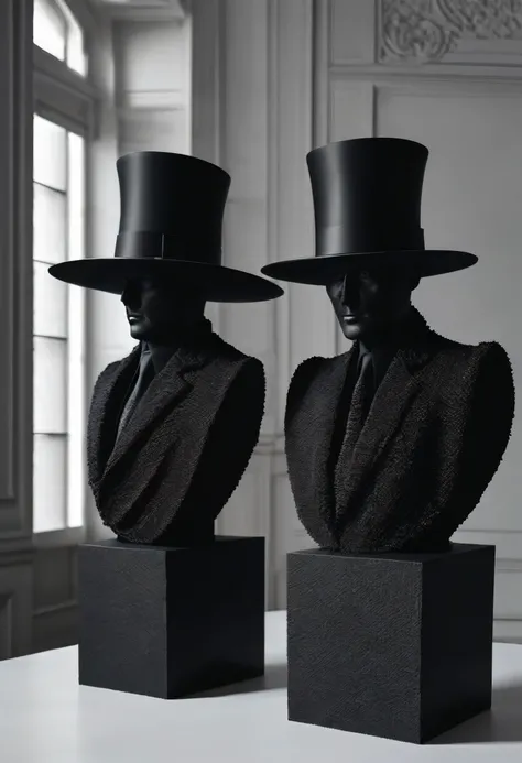 There were two statues of men wearing black hats on the table., Surrealist sculpture inspired by Józef Brandt, Reddit, new sculpture, Vantablack cloth technology, Vantablack, Vantablack chiaroscuro, Vantablack gi, Both faces are visible., Robot head and hu...