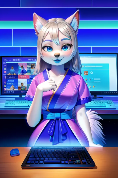 1 girl, solo, hypnotized, wolf anthro, Silver hair, blue lipstick, Japanese dress, 3d pixar, computer numbers background