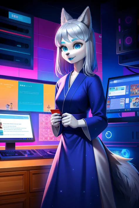 1 girl, solo, android, wolf anthro, standing, empty eyes, Silver hair, blue lipstick, Japanese dress, 3d pixar, computer numbers background