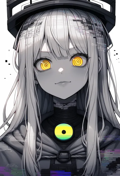 score_9, score_8_up, score_7_up, score_6_up, BREAK white background, simple background, greyscale,monochrome 1girl, swdef, white hair, long hair, yellow eyes, headgear, cloak, chest strap, crazy eyes, emotionless, closed mouth, insanity-angle, face close-u...