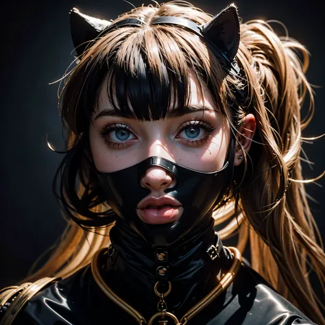 a very beautiful and very thin girl, wears black underwear with tights and latex face mask with cat ears. dark room with only go...