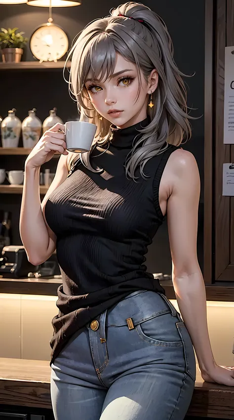 Beautiful gray hair woman is shown to have a sexy figure, she is wearing a sexy turtleneck sleeveless sweater and jeans, cozy look, ponytail, yellow eyes, girl in a coffee shop ,sexy session, sexy pose, cowboy shot, superior quality, many details, realisti...