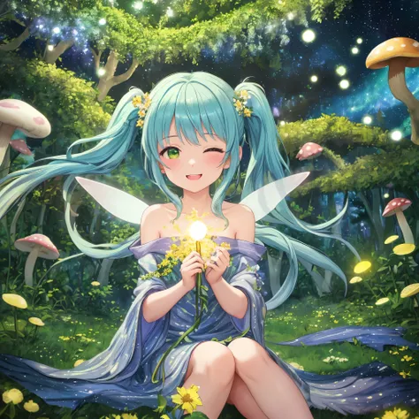 Light blue long hair、Twintails Forest Fairy,Bright smile、Van Gogh-inspired brushstrokes,swirling starry sky,Iridescent Feathers,The mysterious glow around the fairy,Delicate features,Enchanting forest scenery,Bright green,Impressionist Flowers,Whimsical,Pl...