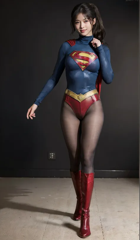 No background、(((Beautiful legs in black tights.)))、(((Legally express the beauty of your smile)))、((((Make the most of your original images)))、(((Supergirl Costume)))、(((ボディにフィットしたSupergirl Costume)))、(((Beautiful hair in a ponytail)))、(((Smiles and winks...