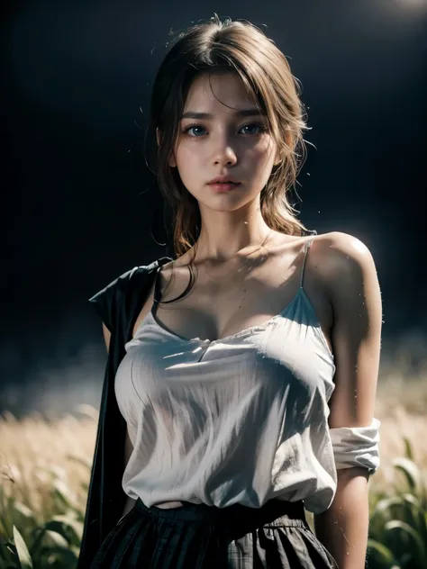 A young middle-aged bloat getting shot in the field, she wears a white blouse draped over her shoulders and unbuttoned, a brown middle-aged skirt, her skin is very sweaty and she is very tired and panting. Shes facing forward looking ahead. , seduces me, u...