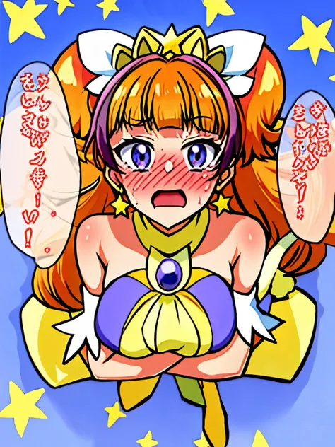  master masterpiece, best-quality, Ultra Hi-Res, glory wall, (large boob:1.2),1girl,  cure twinkle, purple petticoat, purple neck ribbon, thigh boots, earrings, hair ribbon, tiara, orange hair , looking at viewer, sweat, ahegao,open mouth, open eyes, (Nose...