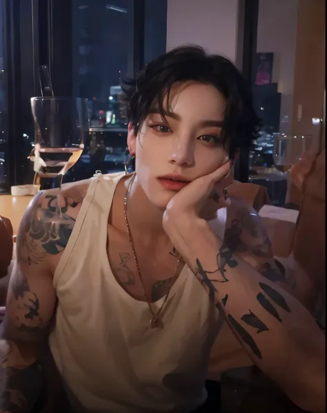 there is a Man with tattoos sitting at a table with a glass of wine, jungkook, beautiful androgynous prince, androgynous male, delicate androgynous prince, inspired by jungkook, androgynous person, luts, beautiful androgynous girl, male ulzzang, handsome k...