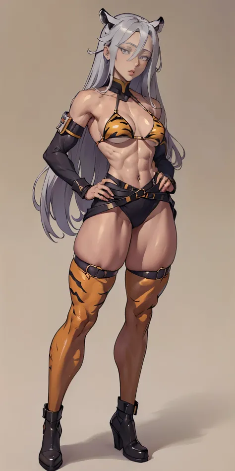 ((Masterpiece, plain background,1:2, masterpiece)) full body standing straight symmetrical against contrapposto yellow tiger print BIKINI stockings sleeves, hands on waist hips, navel, (Vladilena Milize) (grey eyes:1.5) grey long hair, hair between eyelash...