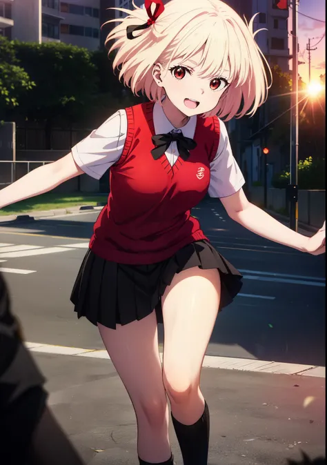 chisatonishikigi, Chisato Nishikigi, short hair, bangs, Blonde, (Red eyes:1.5), hair ribbon, One side up, Bobcut,happy smile, smile, Open your mouth,
white yシャツ, Short sleeve, Pleated skirt, socks, Collared shirt, mini skirt, Black pantyhose, (Black Skirt:...