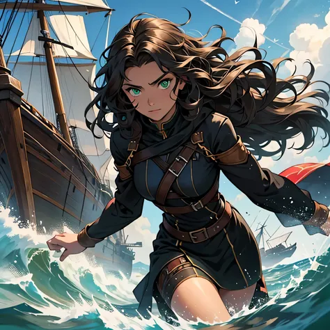 Woman black and bronde wavy hair. Green eyes. Adventurer who travels by ship. A little scratched and soiled because of a fight.