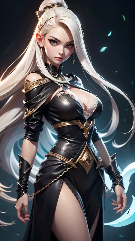 On the old graveyeard standing beatiful female grim riper with souls and ghosts around her, she have pale skin long silver hair with black highlights , sressed in sexy long black robe, (ultra high quality fantasy art, dafk fantasy style, masterpiece, ultra...