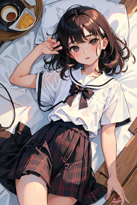 (child)，highest quality，Beautiful face in every detail，cute，Dark brown eyes，(背の低いcute女の子，Small young student，Young delicate girl）,（masterpiece，Top quality)，Black Hair，Sleepy expression，Short sleeve white shirt，Plaid white skirt