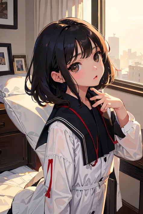 (child)，highest quality，Beautiful face in every detail，cute，Dark brown eyes，(背の低いcute女の子，Small young student，Young delicate girl）,（masterpiece，Top quality)，Black Hair，Sleepy expression，Plaid white skirt