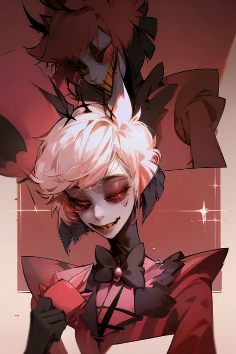 Alastor from hazbin hotel caught in a vunerable moment, character portrait, Alastor, kindness, gentle smile, vulnerable moment, romantic, gentle