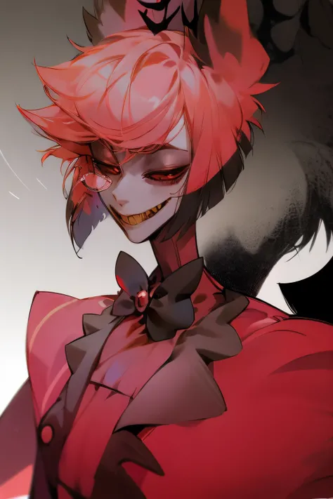 Alastor from hazbin hotel caught in a vunerable moment, character portrait, Alastor, kindness, gentle smile, vulnerable moment, romantic, gentle. Single character, solo, 1boy