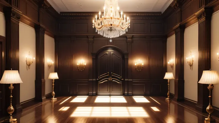 entrance room, Large room, Large chandelier in the middle, Spacious, Wooden horror style, Carte blanche for decoration