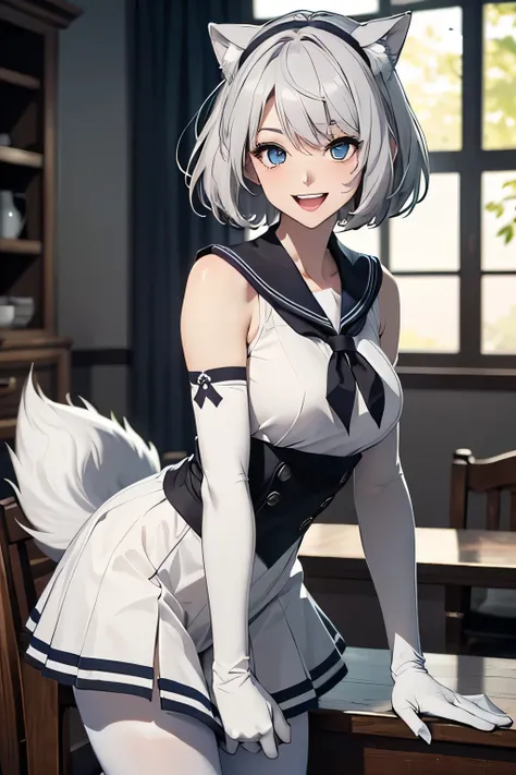 Tabletop　High resolution　Best image quality　8k　 Adult female　Portraiture　White long gloves（Elbow Gloves）　White Pantyhose　Sailor suit（Sleeveless）　White wolf ears　short hair（（Shortcuts）（Gray Hair）（Perm）（fluffy））　Eye color is blue　Attractive face（（Laughter）（s...