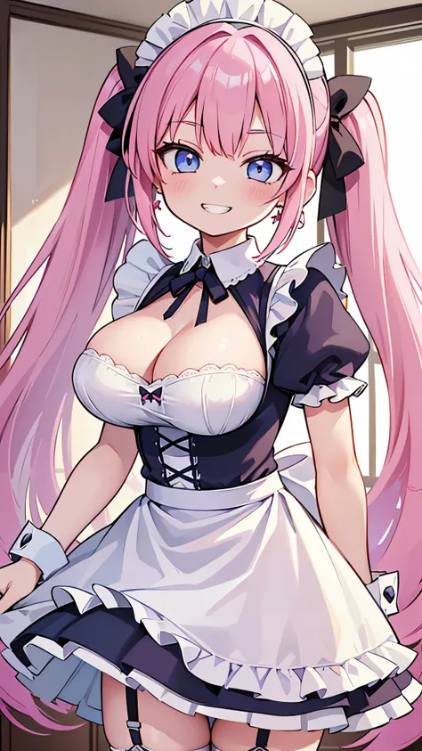 (masterpiece、highest quality、Super detailed)、((One girl))、((Pink Hair))、((Twin tails))、((Light blue eyes))、evil smile、((Grin))、Earrings、((Very large breasts))、White brim、((Maid))、Short sleeve、cleavage、apron、((miniskirt))、((garter straps))、Cowboy Shot、Indoo...