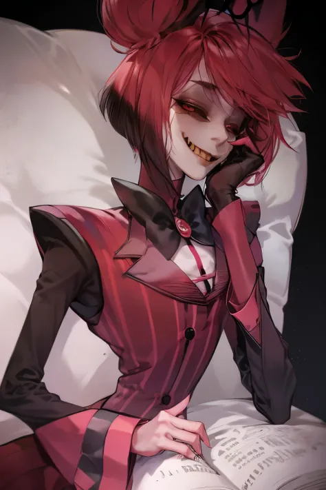 Alastor from hazbin hotel caught in a vunerable moment, character portrait, Alastor, kindness, gentle smile, vulnerable moment, romantic, gentle. Single character, solo, 1boy