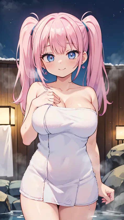 (masterpiece、highest quality、Super detailed)、((One girl))、((Pink Hair))、((Twin tails))、((Light blue eyes))、smile、Earrings、((Very large breasts))、((naked towel:1.3))、Cowboy Shot、((night))、Outdoor、steam、Hot Spring Background