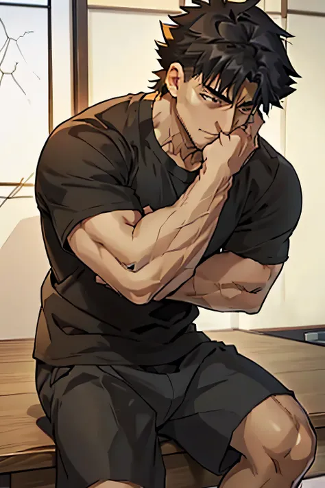 kiritsugu emiya is sitting and flexing his biceps. he wears a black tshirt with short sleeves and black boxershorts. his arms ha...