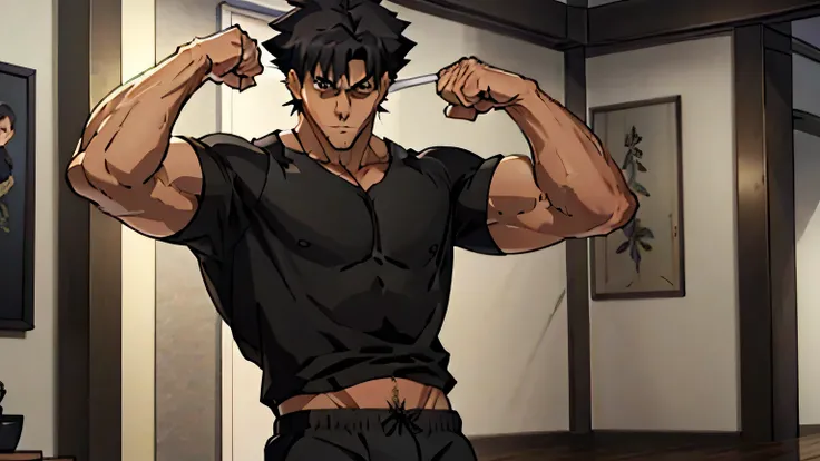 Kiritsugu Emiya is flexing his biceps. He is shirtless and wears black boxershorts. His arms have many huge veins. His tshirt is rolled up and you can see his abs.
