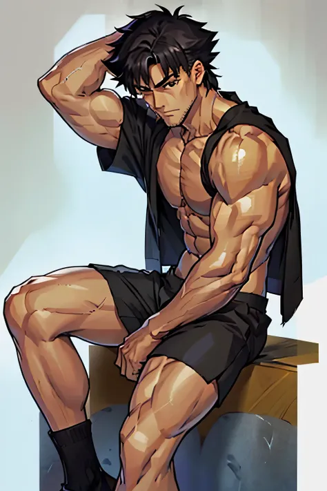 Kiritsugu Emiya is sitting and flexing his biceps. He is shirtless and only wears black boxershorts. His arms have many huge veins.