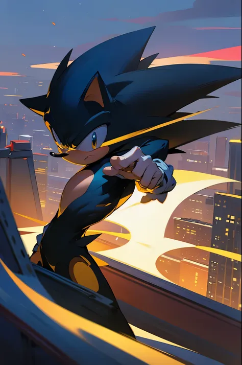 serious face, city background, shadow from sonic, black outfit, muscular, young male