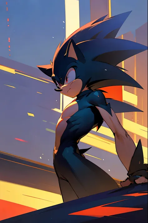 serious face, city background, shadow from sonic, black outfit, muscular, young male,arms on sides, red eyes,