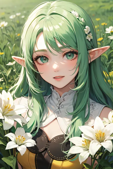 ((best quality)), ((masterpiece)), (detailed), perfect face, elf, young, girl, green hair, long hair, yellow dress, flowers, whi...