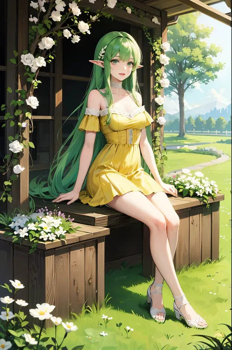 ((best quality)), ((masterpiece)), (detailed), perfect face, elf, young, girl, green hair, long hair, yellow dress, flowers, white flowers, happy, sunny, green grass, lawn, full-length body, white lace choker