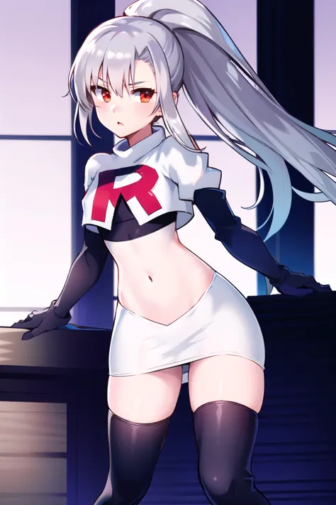 1girl, tina, best quality, long ponytail, silver hair, red eyes, highly detailed, team rocket,team rocket uniform,white skirt,red letter R,crop top,black thigh-highs,black elbow gloves