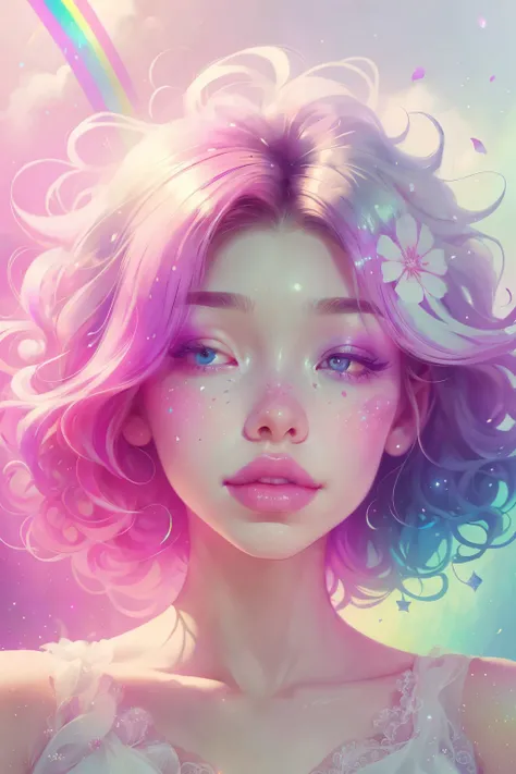 (This is a beautiful rainbow fantasy image that feels interesting and emphasizes glitter and iridescence.) Generate a ((blind)) curvy woman with colorful curly hair and milky white eyes. Her face is important and is perfectly formed with puffy lips and per...