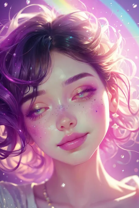 (This is a beautiful rainbow fantasy image that feels interesting and emphasizes glitter and iridescence.) Generate a ((blind)) curvy woman with colorful curly hair and milky white eyes. Her face is important and is perfectly formed with puffy lips and per...