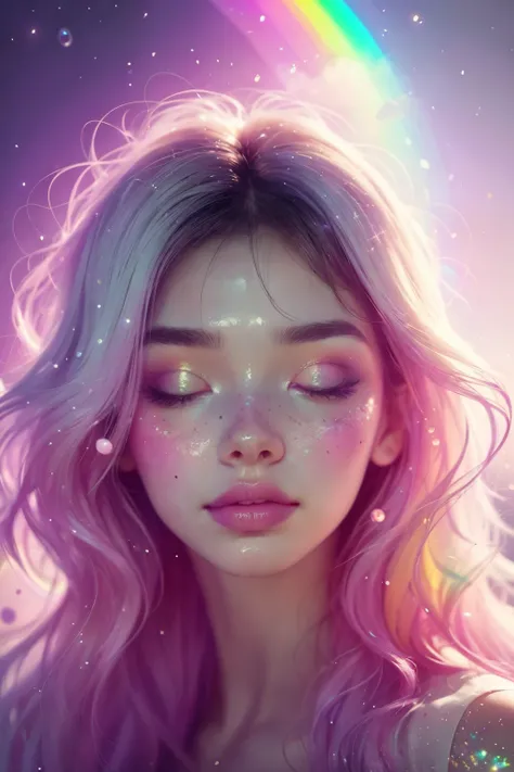 (This is a beautiful rainbow fantasy image that feels interesting and emphasizes glitter and iridescence.) Generate a ((blind)) curvy woman with colorful curly hair and milky white eyes. Her face is important and is perfectly formed with puffy lips and per...