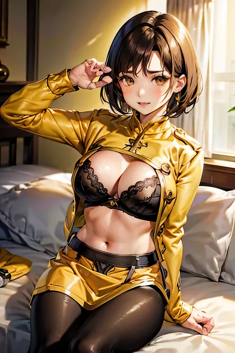 Luca Milfi、Gokaiger、Brown Hair、Short Hair、((pantyhose))、Photo from below、Medium chest、Bedroom、((Yellow Ranger))、One girl、((Black Bra))、Pencil Skirt