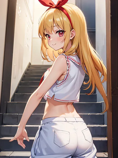 (red ribbon on hairband:1.2),18year old, Solo, Best Quality,1girl in, shorttwintail, Blonde hair,  panties on, (White panty:1.2), (Looking back while climbing the stairs, I can see a glimpse of the pants.:1.5), Shrine stairs, (Panties are visible through t...